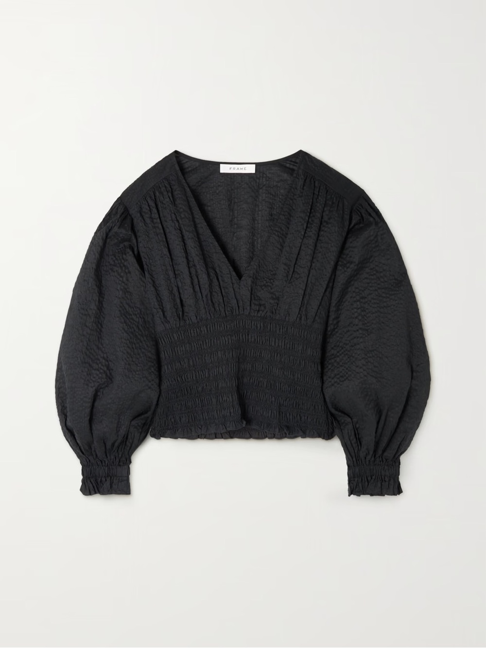 FRAME • V-Neck Smocked Top in Black